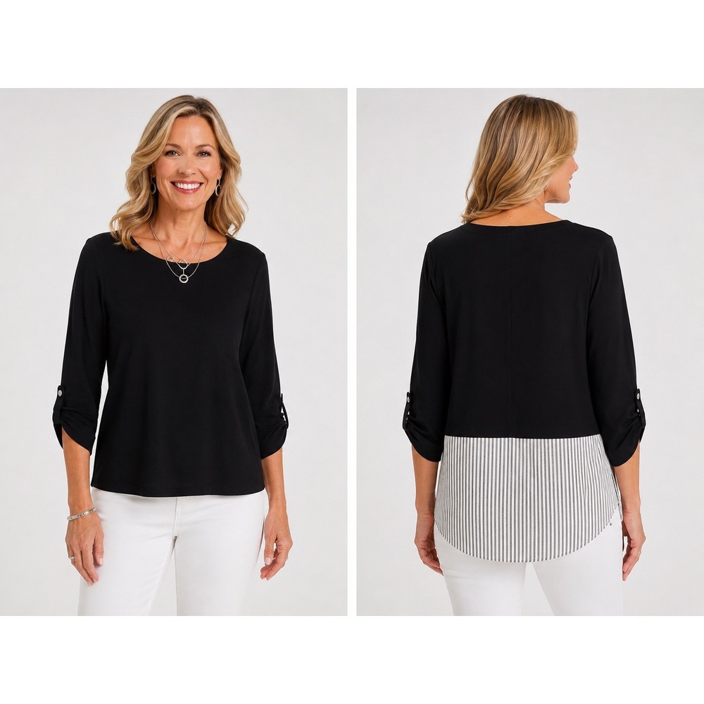Chico's Black Layered Look Pullover Top Striped Trim Roll Tab Sleeve Size Medium